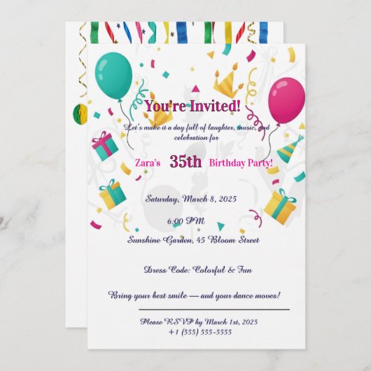 Colorful Confetti Balloons Fun 35th  招待状 (正面/裏面)