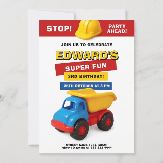 Colorful Construction Truck Birthday 招待状 (正面)