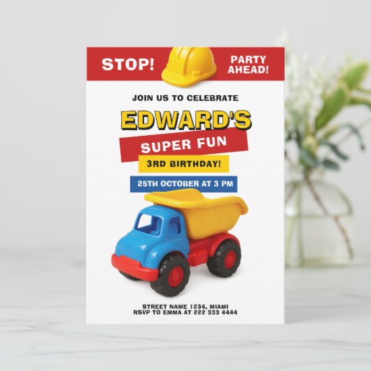 Colorful Construction Truck Birthday 招待状 (スタンド正面)