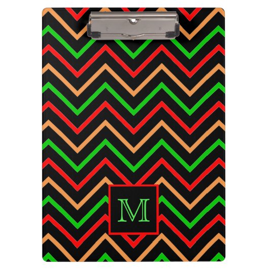 Colorful Cool Chevron on Black Monogrammed クリップボード (正面)
