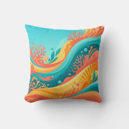 Colorful Coral Reef Ocean Waves Throw Pillow クッション