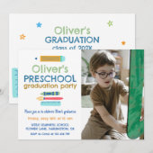 Colorful Crayon Photo Preschool Graduation 招待状 (正面/裏面)