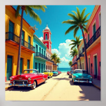 Colorful Cuban Street with Classic Cars 