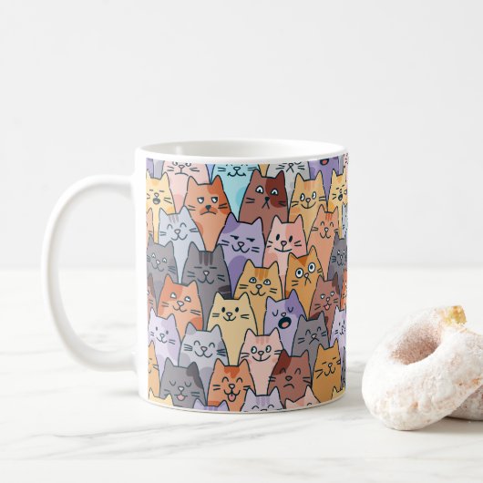 Colorful Cute Cat Crowd Pattern Whimsical Cat Face コーヒーマグカップ (ドーナツ)