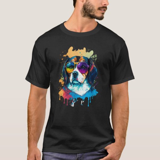 Colorful Cute Dog Beagle with Sunglasses Animal Tシャツ (正面)