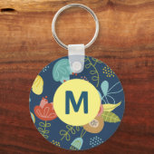 Colorful Cute Floral Pattern Dark Blue Monogram キーホルダー (正面)