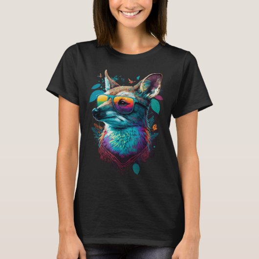Colorful Cute Fox with Sunglasses Animal Tシャツ (正面)
