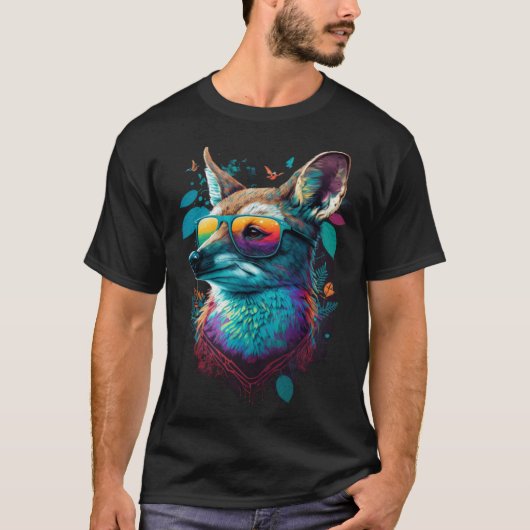 Colorful Cute Fox with Sunglasses Animal Tシャツ (正面)