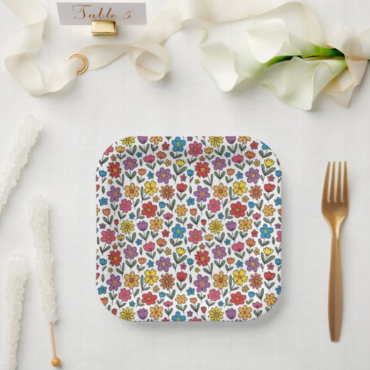 Colorful Cute Spring Flowers Paper Plates ペーパープレート (ウェディング)