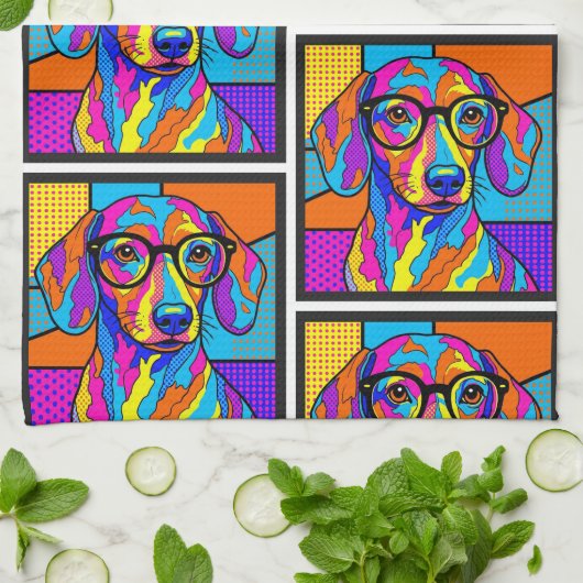Colorful Dachshund Pop Art Kitchen Towel キッチンタオル (折り畳み)