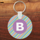 Colorful Diagonal Candy Stripes Purple Monogram キーホルダー (正面)