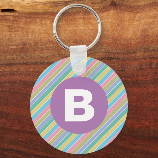 Colorful Diagonal Candy Stripes Purple Monogram キーホルダー (正面)