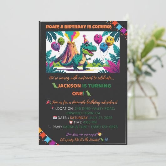 Colorful Dino Balloons Invite – Editable 招待状 (スタンド正面)