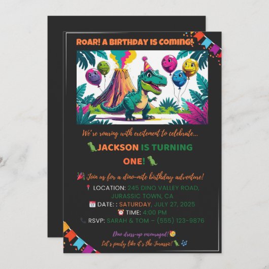 Colorful Dino Balloons Invite – Editable 招待状 (正面/裏面)