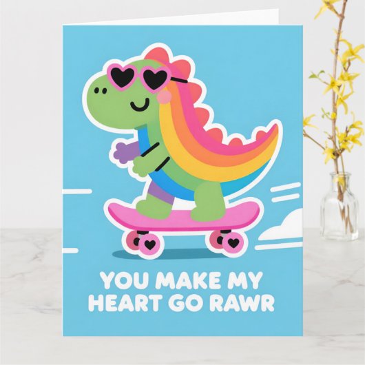 Colorful Dino Love Funny Valentine Card カード (黄色い花)