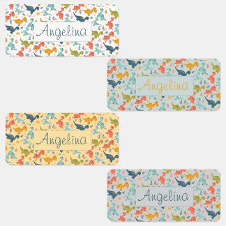 Colorful dinosaur cartoon cute pattern white name  ラベル