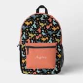 Colorful dinosaur pattern orange black name プリントバックパック (正面)