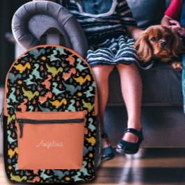 Colorful dinosaur pattern orange black name  プリントバックパック