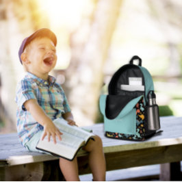 Colorful dinosaur pattern turquoise black name  プリントバックパック