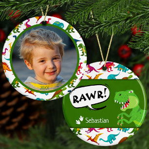 Colorful Dinosaur Pattern w Name + Photo Christmas セラミックオーナメント