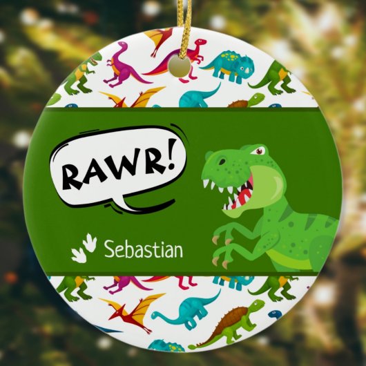 Colorful Dinosaur Pattern w Name T-Rex Christmas セラミックオーナメント