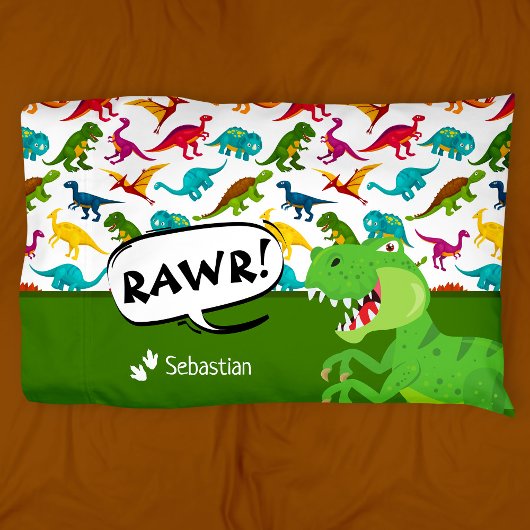 Colorful Dinosaur Pattern with Name T-Rex Green 枕カバー