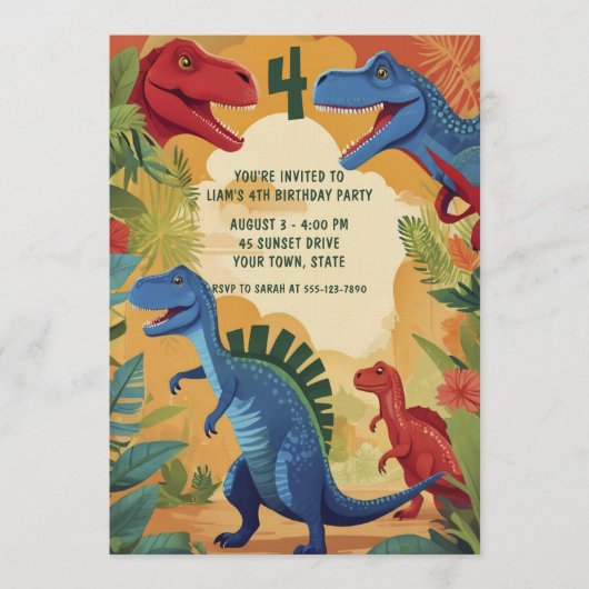 Colorful Dinosaurs Jungle Adventure 4th Birthday 招待状 (正面)