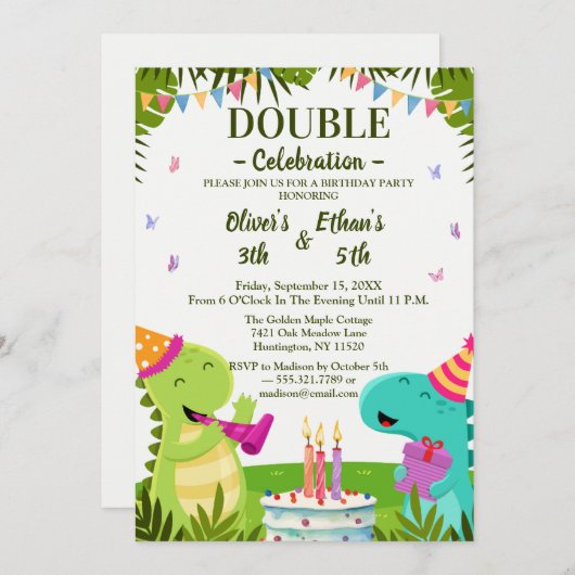 Colorful Dinosaurs Kids Joint Birthday Invitation 招待状 (正面/裏面)