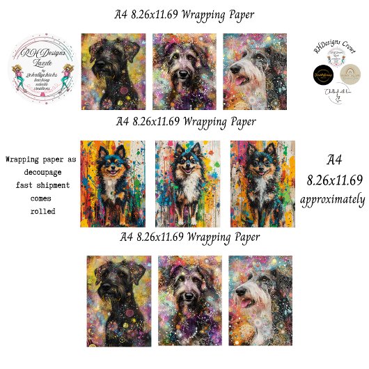 Colorful Dog Abstract A4 Wrapping Paper Decoupage  ラッピングペーパーシート