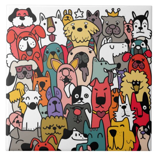Colorful dog doodles art タイル (正面)