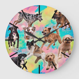 Colorful Dogs Wall Clock – Fun Puppy Pet Home Deco ラージ壁時計