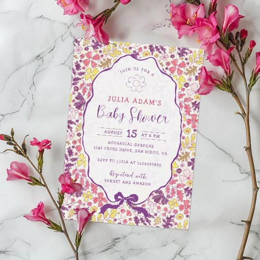 Colorful Doodle Flower Pencil Sketch Baby Shower 招待状