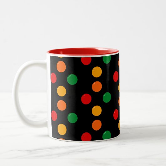 Colorful Dots on Black Mid Century Modern Retro ツートーンマグカップ (左)