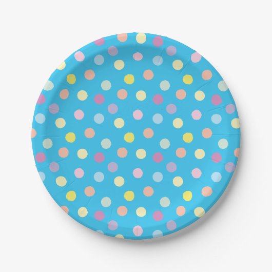 Colorful Dotty Pattern on Bright Blue ペーパープレート (正面)