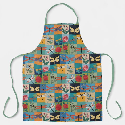 Colorful Dragonflies And Roses Patchwork エプロン (正面)