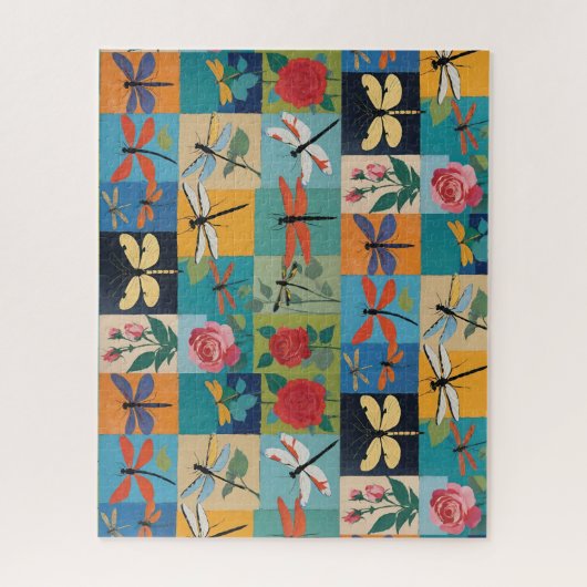 Colorful Dragonflies And Roses Patchwork ジグソーパズル (縦)