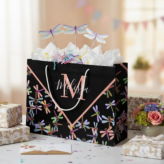 Colorful dragonflies personalized   ラージペーパーバッグ