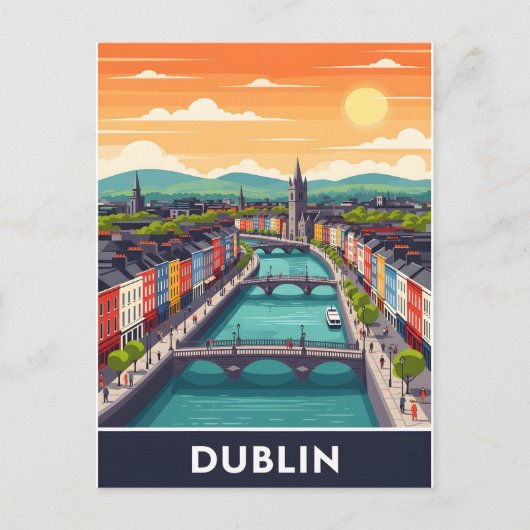 Colorful Dublin Cityscape – River Liffey & Bridges ポストカード (正面)