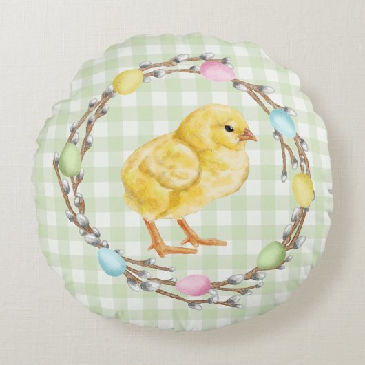 Colorful Easter Willow Wreath With Yellow Chick ラウンドクッション (正面)