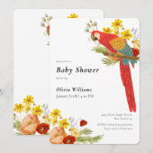 Colorful Elegant Floral Parrot Bird Baby Shower 招待状 (正面/裏面)