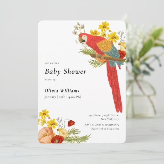 Colorful Elegant Floral Parrot Bird Baby Shower 招待状 (スタンド正面)