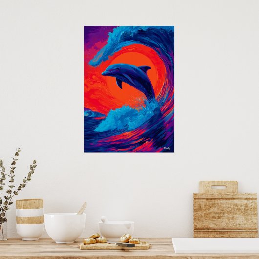 Colorful Expressionist Dolphin Wave Wall Art ポスター (キッチン)