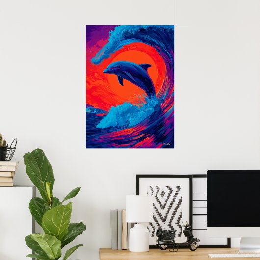 Colorful Expressionist Dolphin Wave Wall Art ポスター (ホームオフィス)
