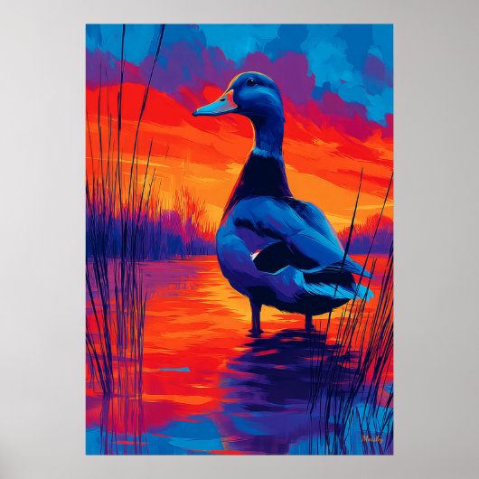 Colorful Expressionist Duck Sunset Wall Art ポスター (正面)