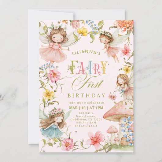 Colorful Fairy First Birthday Enchanted garden 招待状 (正面)