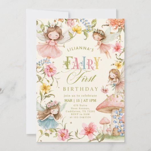 Colorful Fairy First Birthday Enchanted garden 招待状 (正面)