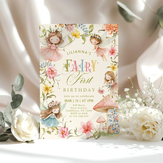 Colorful Fairy First Birthday Enchanted garden 招待状