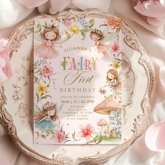 Colorful Fairy First Birthday Enchanted garden 招待状