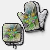 Colorful Fantasy Flower Modern Abstract Fractal 鍋つかみ&鍋敷きセット (正面/裏面)