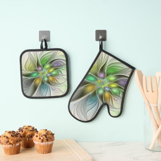 Colorful Fantasy Flower Modern Abstract Fractal 鍋つかみ&鍋敷きセット (インサイチュ (吊り下げ))